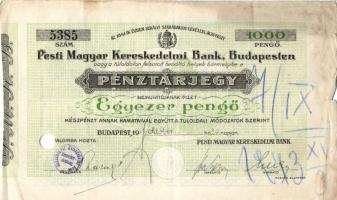 1943. A Pesti Magyar Kereskedelmi Bank pénztárjegye 1000P kék ceruzás daátumjegyzéssel az előlapon T:III foltos R!