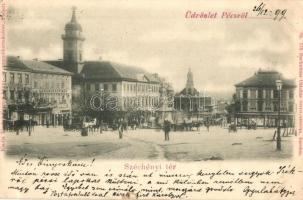 1899 Pécs, Széchenyi tér, Tauszig Ármin, Winter Károly, Günsberger Mór üzlete, Takarékpénztár, lovaskocsik, hintók. Kiadja Fischer Ferenc (r)