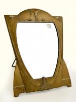 Díszes szecessziós tükör, támasztékkal, réz-fa, sérült, 41×30 cm