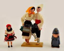 3 db népművészeti játékbaba: vidéki menyecske, Svejk, táncospár, m: 19 cm