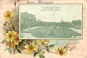 1900 Mezőhegyes, Erzsébet liget, Erzsébet királyné emlékfái, Bloch H. Arad 504. sz. Virágos litho keret / Floral litho frame (kopott sarkak / worn corners)
