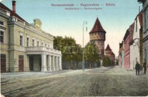 Nagyszeben, Hermannstadt, Sibiu; Színház, Harteneck utca és torony / Stadttheater, Harteneckgasse / theatre, street, tower (kopott sarok / worn corner)