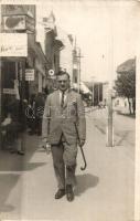 Trencsénteplic, Trencianske Teplice; Utcarészlet, gyógyszertár, Szépházy üzlete, bor és sör bolt, sétapálcás úr / street, pharmacy, shops, gentleman with a walking stick. M. Stern a Syn photo (EK)