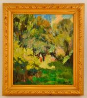 Balla József (1910-1991): Parkban. Olaj, vászon, festék hibákkal, jelzett, faragott fa keretben, 70×60 cm