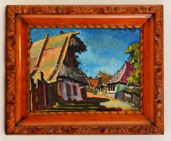 Vajda Miklós (1928-): Falusi utca. Olaj, vászon, jelzett, faragott fa keretben, 35×45 cm
