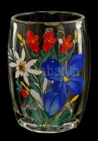 Virágmintás üveg sörös korsó, kézzel festett, jelzett, kopott, m:11 cm, d: 7 cm