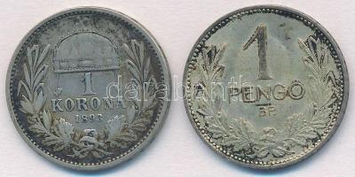 1893KB 1K Ag "Ferenc József" + 1939. 1P Ag T:2-,1- patina