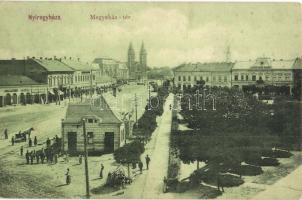 Nyíregyháza, Megyeház tér, gyógyszertár, Wiener Adolf, Bodnár Pál, Schwarz József, Harsányi E. üzletei, Levelezőlap Király kiadása