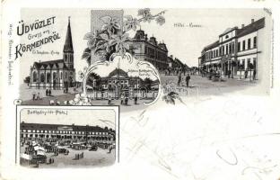 1899 Körmend, Korona szálloda, Evangélikus templom, Batthyány kastély és tér. Floral, Art Nouveau, litho (EK)