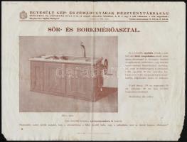 cca 1920 Egyesült Gép- és Fémárugyárak Részvénytársaság sör- és borkimérő asztalának szórólapja, hajtott, foltos