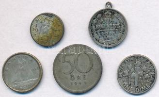 5db-os vegyes külföldi ezüstpénz tétel, közte Amerikai Egyesült Államok 1950. 1d Ag "Roosevelt&...