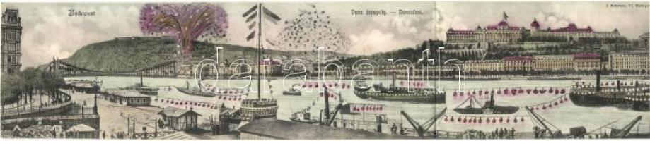 1903 Budapest, Dunai ünnepély tűzijátékkal. J. Schwarz; három lapos panorámalap / three-tiled panoramacard (r)