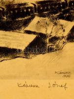 Kórusz József  (1927-2010): Dunakanyar vonattal. Rézkarc, papír, jelzett, üvegezett fa keretben, 29×...