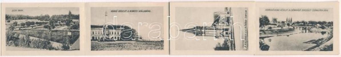 Baja, Fő tér, Városháza, piac, áurosok, üzletek. leporellólap, belül: Baja-Bátaszék vasúti híd, Nemz...