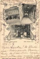 1906 Kolozsvár, Cluj; Deák Ferenc utca, Lakatos József Koronás áruháza és saját kiadása, belső / street, shop, interior. Art Nouveau (apró lyuk / small pinhole)