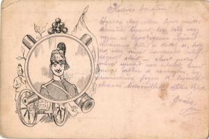 1904 Osztrák-magyar tüzértisztet ábrázoló művészlap / Austor-Hungarian gunner, art postcards (kis szakadás / small tear)