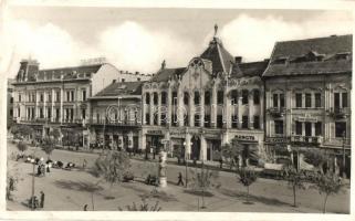 1942 Marosvásárhely, Targu Mures; Széchenyi tér, M. kir. államrendőrség palota, Gyógyszertár, Hangya, Rosenfeld A. József, Günther Oszkár, Király, Gálffy István, Szathmáry és Kupán üzlete, Magyar Megújulás Pártja,  Telefunken Radio / square, shops, pharmacy, Hungarian political party