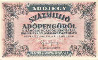 1946. 100.000.000AP vízjel nélkül, fehér papíron, hátlapi szöveg vastag betűvel T:I