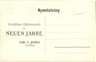 Gyulafehérvár, Karlsburg, Alba Iulia; Jickeli F. Károly üzlete, lovaskocsi, szekér. Hátoldalon újévi...