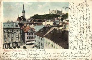 1905 Pozsony, Pressburg, Bratislava; utcakép háttérben a várral / street view with the castle in the background (kopott sarkak / worn corners)