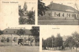 Valkány, Valcani; Római katolikus templom, Községháza, Takarékpénztár, Tenner Mór üzlete. Szilágyi Arthur műintézetéből / Catholic church, town hall, savings bank, shop (fl)