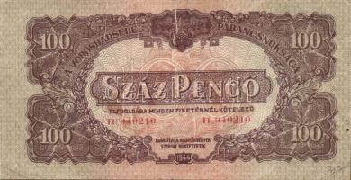1944. 100P "V.H." igen dekoratív, erős papírráncokkal, sorszám utolsó "O" számjegye alul nyitott! T:II