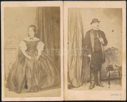 cca 1865 Bercsey Lajos (1809-1883) és felesége Péchy Mária, 2 db keményhátú fotó, London Zsigmond műterméből, 10×6,5 cm