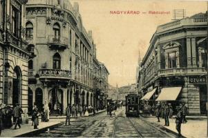 Nagyvárad, Oradea; Rákóczi út, cukrászda, üzletek, villamos. W. L. Bp. 262. / street view, confectionery, pastry shop, shops, tram (felületi sérülés / surface damage)