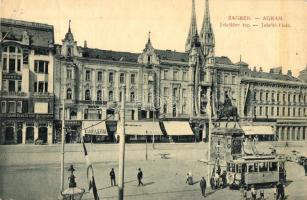Zagreb, Agram, Zágráb; Jelacicev trg / Jelacic Platz / Jelasics tér, bank, F. Budicki, Dr. Dimovic, Wasserthal üzlete, villamos. W. L. Bp. 7474. / square, bank, shops, tram (EK)