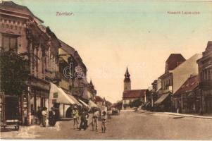 Zombor, Sombor; Kossuth Lajos utca, Stebler Antal üzlete, Ortodox templom. Kiadja Schőn 563. / street view, shops, Orthodox church (EK)