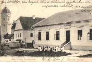 1905 Kövi, Kamenany; Nagy vendéglő, községháza, templom. Vlachó János kiadása / restaurant, town hall, church