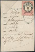 1887 Igazolási jegy péceli kocsivezető részére 1 ft okmánybélyeggel