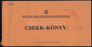 1939 Fehér M. Miksa Budapest kitöltetlen M.Kir. Postatakarékpénztári csekk-könyve. 60-as tömb 8 db használttal, 18,5x9,5 cm.