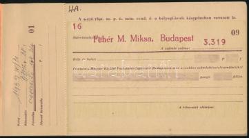 1939 Fehér M. Miksa Budapest kitöltetlen M.Kir. Postatakarékpénztári csekk-könyve. 60-as tömb 8 db h...