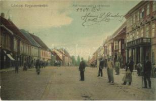1907 Nagyszombat, Tyrnau, Trnava; Alsó Hosszú utca, városháza / street view with town hall (kissé ázott / slightly wet damage)
