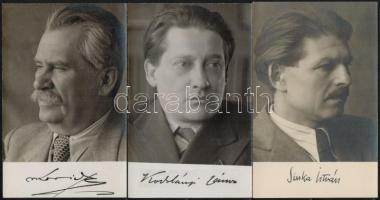 Móricz Zsigmond, Kodolányi János és Sinka István írók, költők fotói, nyomtatott aláírásaikkal, 3 db, 13,5×9 cm