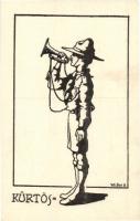 Kürtös cserkészfiú. A KEG (Katolikus Egyetemi Gimnázium) cserkészcsapatok III. kiadása / Scout boy with horn, art postcard. s: Velősy B.