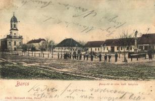 1904 Barcs, Piac tér és a római katolikus templom, Dorner S. üzlete. Kiadja Skribanek Géza + Nagykanizsa-Bród vonat pecsét (fa)