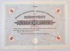 Budapest 1926. Nemzeti Hitelintézet Részvénytársaság részvénye 10P-ről szárazpecséttel T:II