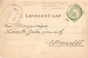 1905 Domony, mezőgazdasági munka, aratás, cséplés gőzgéppel a birtokon. "A küldött dadát köszön...