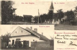 1900 Kondoros, Római katolikus templom, Evangélikus templom, Vendéglő a Kondorosi csárdához, étterem. Kiadja R. Rozgony J. fényképész