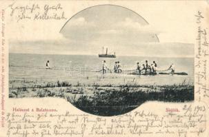 1903 Siófok, Halászat a Balatonon, gőzhajó. kiadja Ellinger Ede fényképész