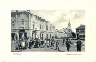 1910 Munkács, Mukacheve, Mukacevo; Kossuth Lajos utca, Goldstein Sándor, Berger Herman üzlete, Stark S. és társa vasnagykereskedés. W. L. Bp. 6252. / street view, shops (ragasztónyom / gluemark)