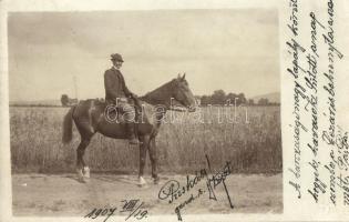 1907 Botfalu, Bod; Barcasági lapály, a levél írója Puskás gazdasági tiszt lovon, prakszi. Hátoldalon titkosírás / economic officer (letter writer) on horseback. Cryptography on the backside. photo