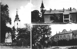 Földes - 3 db modern városképes lap: templom, Tanácsháza, Általános Iskola, Hősök szobra, Mozi (Képz...