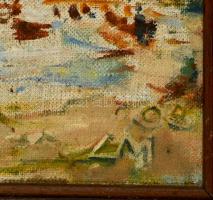 LM jelzéssel: Csónakázó tó. Olaj, farost, fa keretben,37x29 cm