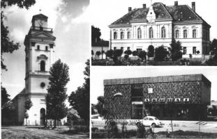 Kaba - 3 db modern városképes lap: Tanácsháza, áruház, ület, automobil, Református templom, utcakép ...