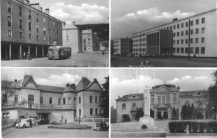 Tatabánya - 8 db modern városképes lap: Halászkert, étterem, Petőfi kertmozi, üzlet, autóbusz, tömbh...
