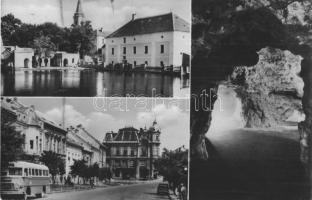 Tapolca - 4 db modern városképes lap: Deák Ferenc utca, üzlet, autóbusz, automobil, utcakép, barlang...