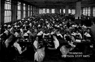 Philadelphia, John B. Stetson Stiff hats Company, Trimming departments, interior with working women. Sole agents for Hungary Koller József és Társa